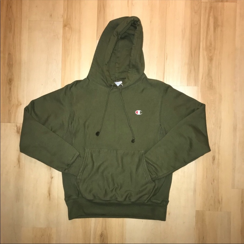 Champion Reverse Weave Classic Logo Patch Green Hoodie Sweatshirt